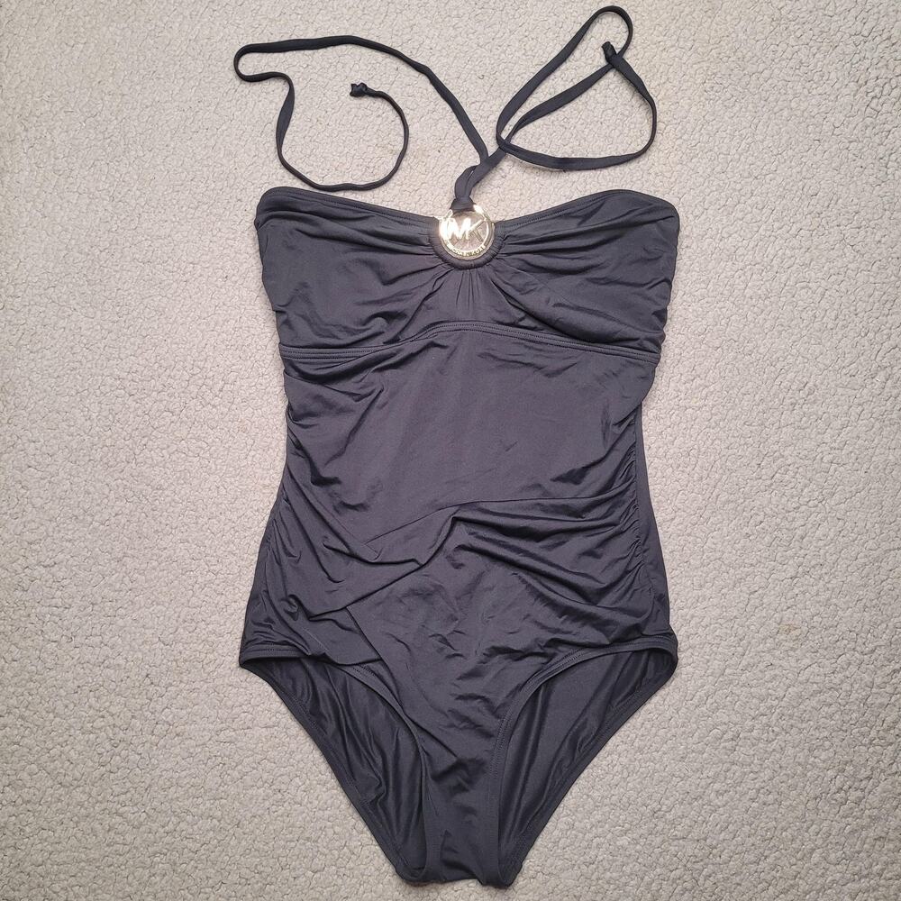 Michael Kors Swimsuit 8 Black Bandeau Halter One Piece Shirred Ruched Logo